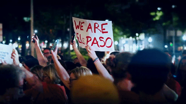 Frames from Everytown's digital ad. Someone holding a sign that says "We Are El Paso," Trump and McConnell with the words "Empty Words, Empty Promises," Trump and McConnell with the words "Conceding to the NRA"